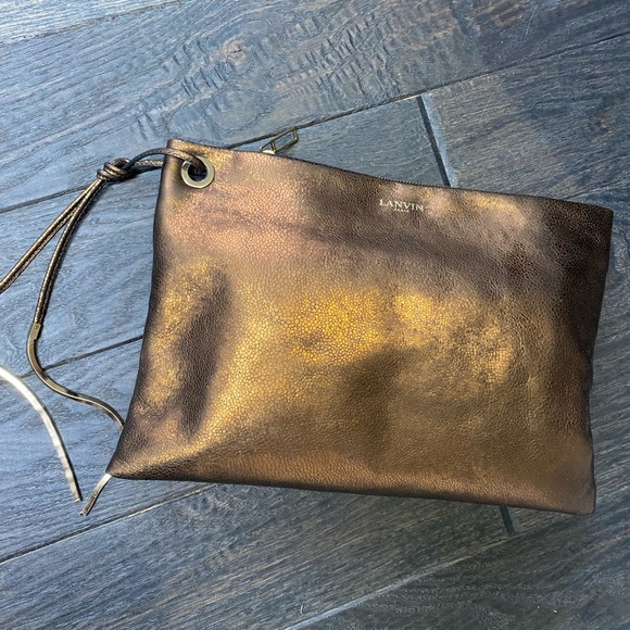 STUNNING LANVIN BRONZE LEATHER OVERSIZED POUCH WRISTLET FLAWLESS - Picture 1 of 5